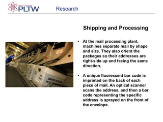 ResearchShipping and ProcessingAt the mail processing plant, machines separate mail by shape and size. They also orient the packages so their addresses are right-side up and facing the same direction. 