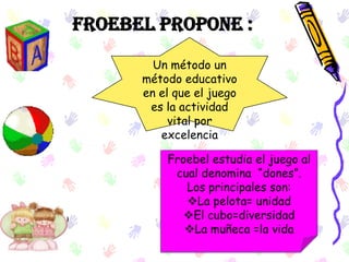 Froebel propone :
        Un método un
      método educativo
      en el que el juego
       es la actividad
           vital por
         excelencia

          Froebel estudia el juego al
           cual denomina “dones”.
             Los principales son:
             La pelota= unidad
             El cubo=diversidad
             La muñeca =la vida
 