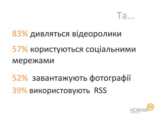 39 %  використовують   RSS 57%  користуються соціальними мережами 52 %  завантажують фотографії 83 %  дивляться відеоролики Та... 