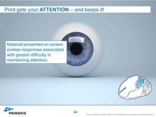 Print gets your ATTENTION – and keeps it!




Material presented on screen
evokes responses associated
with greater difficulty in
maintaining attention.




                               24
                                    Source: Bangor University Study for The Royal Mail in association with Millward Brown.
 