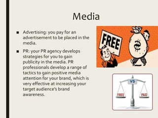 Media
■ Advertising: you pay for an
advertisement to be placed in the
media.
■ PR: your PR agency develops
strategies for you to gain
publicity in the media. PR
professionals develop a range of
tactics to gain positive media
attention for your brand, which is
very effective at increasing your
target audience’s brand
awareness.
 