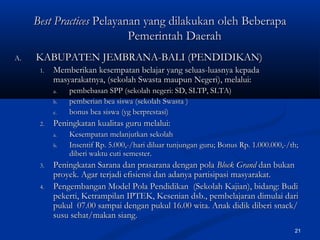 21
Best PracticesBest Practices Pelayanan yang dilakukan oleh BeberapaPelayanan yang dilakukan oleh Beberapa
Pemerintah DaerahPemerintah Daerah
A.A. KABUPATEN JEMBRANA-BALI (PENDIDIKAN)KABUPATEN JEMBRANA-BALI (PENDIDIKAN)
1.1. Memberikan kesempatan belajar yang seluas-luasnya kepadaMemberikan kesempatan belajar yang seluas-luasnya kepada
masyarakatmasyarakatnya, (nya, (sekolah Swasta maupun Negerisekolah Swasta maupun Negeri)), melalui, melalui::
a.a. pembebasan SPPpembebasan SPP ((sekolah negerisekolah negeri:: SD, SLTP, SLTASD, SLTP, SLTA))
b.b. pemberian bea siswapemberian bea siswa ((sekolah Swastasekolah Swasta ))
c.c. bonus bea siswabonus bea siswa (yg berprestasi)(yg berprestasi)
2.2. Peningkatan kualitas guru melalui:Peningkatan kualitas guru melalui:
a.a. Kesempatan melanjutkan sekolahKesempatan melanjutkan sekolah
b.b. Insentif Rp. 5.000,-/hari diluar tunjungan guru; Bonus Rp. 1.000.000,-/th;Insentif Rp. 5.000,-/hari diluar tunjungan guru; Bonus Rp. 1.000.000,-/th;
diberi waktu cuti semester.diberi waktu cuti semester.
3.3. Peningkatan Sarana dan prasarana dengan polaPeningkatan Sarana dan prasarana dengan pola Block GrandBlock Grand dan bukandan bukan
proyek. Agar terjadi efisiensi dan adanya partisipasi masyarakat.proyek. Agar terjadi efisiensi dan adanya partisipasi masyarakat.
4.4. Pengembangan Model Pola PendidikanPengembangan Model Pola Pendidikan ((Sekolah KajianSekolah Kajian)), bidang: Budi, bidang: Budi
pekerti, Ketrampilan IPTEK, Kesenian dsb., pembelajaran dimulai daripekerti, Ketrampilan IPTEK, Kesenian dsb., pembelajaran dimulai dari
pukul 07.00 sampai dengan pukul 16.00 wita. Anak didik diberi snack/pukul 07.00 sampai dengan pukul 16.00 wita. Anak didik diberi snack/
susu sehat/makan siang.susu sehat/makan siang.
 