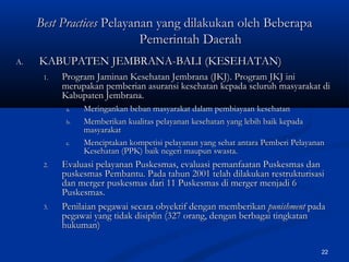 22
Best PracticesBest Practices Pelayanan yang dilakukan oleh BeberapaPelayanan yang dilakukan oleh Beberapa
Pemerintah DaerahPemerintah Daerah
A.A. KABUPATEN JEMBRANA-BALI (KESEHATAN)KABUPATEN JEMBRANA-BALI (KESEHATAN)
1.1. Program Jaminan Kesehatan Jembrana (JKJ). Program JKJ iniProgram Jaminan Kesehatan Jembrana (JKJ). Program JKJ ini
merupakan pemberian asuransi kesehatan kepada seluruh masyarakat dimerupakan pemberian asuransi kesehatan kepada seluruh masyarakat di
Kabupaten Jembrana.Kabupaten Jembrana.
a.a. Meringankan beban masyarakat dalam pembiayaan kesehatanMeringankan beban masyarakat dalam pembiayaan kesehatan
b.b. Memberikan kualitas pelayanan kesehatan yang lebih baik kepadaMemberikan kualitas pelayanan kesehatan yang lebih baik kepada
masyarakatmasyarakat
c.c. Menciptakan kompetisi pelayanan yang sehat antara Pemberi PelayananMenciptakan kompetisi pelayanan yang sehat antara Pemberi Pelayanan
Kesehatan (PPK) baik negeri maupun swasta.Kesehatan (PPK) baik negeri maupun swasta.
2.2. EEvaluasi pelayanan Puskesmas, evaluasi pemanfaatan Puskesmas danvaluasi pelayanan Puskesmas, evaluasi pemanfaatan Puskesmas dan
puskesmas Pembantu. Pada tahun 2001 telah dilakukan restrukturisasipuskesmas Pembantu. Pada tahun 2001 telah dilakukan restrukturisasi
dan merger puskesmas dari 11 Puskesmas di merger menjadi 6dan merger puskesmas dari 11 Puskesmas di merger menjadi 6
Puskesmas.Puskesmas.
3.3. Penilaian pegawai secara obyektif dengan memberikanPenilaian pegawai secara obyektif dengan memberikan punishmentpunishment padapada
pegawai yang tidak disiplin (327 orang, dengan berbagai tingkatanpegawai yang tidak disiplin (327 orang, dengan berbagai tingkatan
hukuman)hukuman)
 