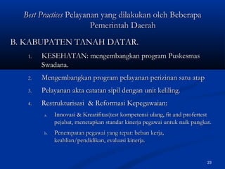 23
Best PracticesBest Practices Pelayanan yang dilakukan oleh BeberapaPelayanan yang dilakukan oleh Beberapa
Pemerintah DaerahPemerintah Daerah
B. KABUPATEN TANAH DATAR.B. KABUPATEN TANAH DATAR.
1.1. KESEHATAN:KESEHATAN: mengembangkan program Puskesmasmengembangkan program Puskesmas
Swadana.Swadana.
2.2. Mengembangkan program pelayanan perizinan satu atapMengembangkan program pelayanan perizinan satu atap
3.3. Pelayanan akta catatan sipil dengan unit keliling.Pelayanan akta catatan sipil dengan unit keliling.
4.4. Restrukturisasi & Reformasi Kepegawaian:Restrukturisasi & Reformasi Kepegawaian:
a.a. Innovasi & Kreatifitas(test kompetensi ulang, fit and profertestInnovasi & Kreatifitas(test kompetensi ulang, fit and profertest
pejabat, menetapkan standar kinerja pegawai untuk naik pangkat.pejabat, menetapkan standar kinerja pegawai untuk naik pangkat.
b.b. Penempatan pegawai yang tepat: beban kerja,Penempatan pegawai yang tepat: beban kerja,
keahlian/pendidikan, evaluasi kinerja.keahlian/pendidikan, evaluasi kinerja.
 