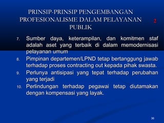 36
7.7. Sumber daya, keterampilan, dan komitmen stafSumber daya, keterampilan, dan komitmen staf
adalah aset yang terbaik di dalam memodernisasiadalah aset yang terbaik di dalam memodernisasi
pelayanan umumpelayanan umum
8.8. Pimpinan departemen/LPND tetap bertanggung jawabPimpinan departemen/LPND tetap bertanggung jawab
terhadap proses contracting out kepada pihak swasta.terhadap proses contracting out kepada pihak swasta.
9.9. Perlunya antisipasi yang tepat terhadap perubahanPerlunya antisipasi yang tepat terhadap perubahan
yang terjadiyang terjadi
10.10. Perlindungan terhadap pegawai tetap diutamakanPerlindungan terhadap pegawai tetap diutamakan
dengan kompensasi yang layak.dengan kompensasi yang layak.
22
PRINSIP-PRINSIP PENGEMBANGANPRINSIP-PRINSIP PENGEMBANGAN
PROFESIONALISME DALAM PELAYANANPROFESIONALISME DALAM PELAYANAN
PUBLIKPUBLIK
 