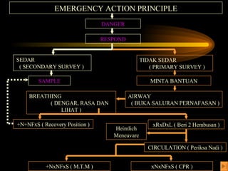EMERGENCY ACTION PRINCIPLE DANGER RESPOND SEDAR  ( SECONDARY SURVEY )  TIDAK SEDAR  ( PRIMARY SURVEY ) SAMPLE MINTA BANTUAN AIRWAY  ( BUKA SALURAN PERNAFASAN ) BREATHING  ( DENGAR, RASA DAN LIHAT ) +N+NFxS ( Recovery Position ) xRxDxL ( Beri 2 Hembusan ) CIRCULATION ( Periksa Nadi ) xNxNFxS ( CPR ) +NxNFxS ( M.T.M ) Heimlich Meneuvare 