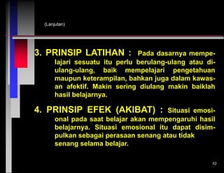 (Lanjutan)

3. PRINSIP LATIHAN :

Pada dasarnya mempelajari sesuatu itu perlu berulang-ulang atau diulang-ulang, baik mempelajari pengetahuan
maupun keterampilan, bahkan juga dalam kawasan afektif. Makin sering diulang makin baiklah
hasil belajarnya.

4. PRINSIP EFEK (AKIBAT) :

Situasi emosional pada saat belajar akan mempengaruhi hasil
belajarnya. Situasi emosional itu dapat disimpulkan sebagai perasaan senang atau tidak
senang selama belajar.
10

 