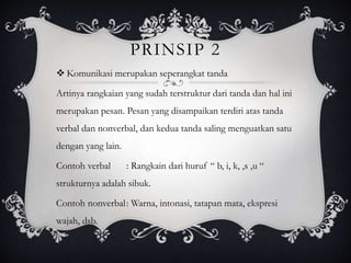 PRINSIP 2
 Komunikasi merupakan seperangkat tanda
Artinya rangkaian yang sudah terstruktur dari tanda dan hal ini
merupakan pesan. Pesan yang disampaikan terdiri atas tanda
verbal dan nonverbal, dan kedua tanda saling menguatkan satu
dengan yang lain.
Contoh verbal : Rangkain dari huruf “ b, i, k, ,s ,u “
strukturnya adalah sibuk.
Contoh nonverbal: Warna, intonasi, tatapan mata, ekspresi
wajah, dsb.
 
