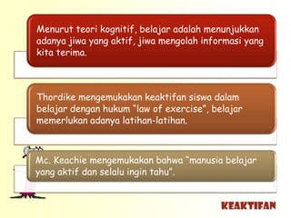 Menurut teori kognitif, belajar adalah menunjukkan
adanya jiwa yang aktif, jiwa mengolah informasi yang
kita terima.



Thordike mengemukakan keaktifan siswa dalam
belajar dengan hukum “law of exercise”, belajar
memerlukan adanya latihan-latihan.



Mc. Keachie mengemukakan bahwa “manusia belajar
yang aktif dan selalu ingin tahu”.


                                          KEAKTIFAN
 