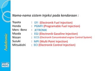Nama-nama sistem Injeksi pada kendaraan :
Toyota :
Honda :
Merc -Benz :
Mazda :
Nissan :
Suzuki :
Mitsubishi :
EFI (Electronik Fuel Injection)
PGMFI (Programable Fuel Injection)
EGI (Electronik Gasoline Injection)
ECCS (Electronik Concentrated engine Control System)
MPI (Multi Point Injection)
ECI (Electronik Control Injection)
JETRONIK
 