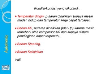 Kondisi-kondisi yang dikontrol :
Temperatur dingin, putaran dinaikkan supaya mesin
mudah hidup dan temperatur kerja cepat tercapai.
Beban AC, putaran dinaikkan (Idel Up) karena mesin
terbebani oleh kompresor AC dan supaya sistem
pendinginan dapat terpenuhi.
Beban Steering,
Beban Kelistrikan
dll.
 