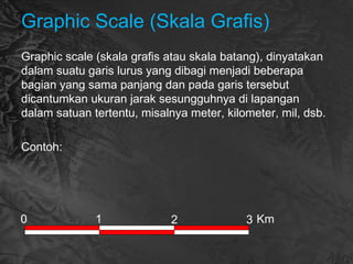 Graphic Scale (Skala Grafis)
Graphic scale (skala grafis atau skala batang), dinyatakan
dalam suatu garis lurus yang dibagi menjadi beberapa
bagian yang sama panjang dan pada garis tersebut
dicantumkan ukuran jarak sesungguhnya di lapangan
dalam satuan tertentu, misalnya meter, kilometer, mil, dsb.
Contoh:
0 Km1 2 3
 