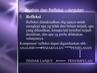 4) Analisis dan Refleksi --lanjutan
§ Refleksi
   Refleksi dimaksudkan sbg upaya untuk
   mengkaji apa yg telah dan belum terjadi, apa
   yang dihasilkan, kenapa hal tersebut terjadi
   demikian, dan apa yg perlu dilakukan
   selanjutnya.
Komponen2 refleksi dapat digambarkan sbb :
ANALISIS     PEMAKNAAN          PENJELASAN


    TINDAK LANJUT             PENYIMPULAN
 