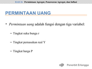 BAB 26 Permintaan Agregat, Penawaran Agregat, dan Inflasi




PERMINTAAN UANG

• Permintaan uang adalah fungsi dengan tiga variabel:

   – Tingkat suku bunga r

   – Tingkat pemasukan real Y

   – Tingkat harga P



                                                     Penerbit Erlangga
 