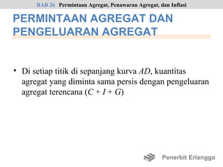BAB 26 Permintaan Agregat, Penawaran Agregat, dan Inflasi

PERMINTAAN AGREGAT DAN
PENGELUARAN AGREGAT


• Di setiap titik di sepanjang kurva AD, kuantitas
  agregat yang diminta sama persis dengan pengeluaran
  agregat terencana (C + I + G)




                                                     Penerbit Erlangga
 