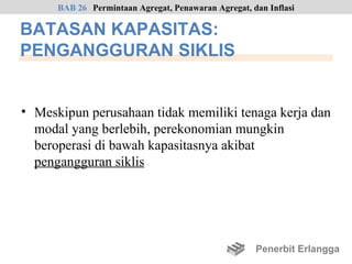 BAB 26 Permintaan Agregat, Penawaran Agregat, dan Inflasi

BATASAN KAPASITAS:
PENGANGGURAN SIKLIS


• Meskipun perusahaan tidak memiliki tenaga kerja dan
  modal yang berlebih, perekonomian mungkin
  beroperasi di bawah kapasitasnya akibat
  pengangguran siklis




                                                     Penerbit Erlangga
 