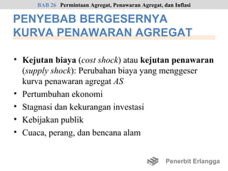 BAB 26 Permintaan Agregat, Penawaran Agregat, dan Inflasi

PENYEBAB BERGESERNYA
KURVA PENAWARAN AGREGAT

• Kejutan biaya (cost shock) atau kejutan penawaran
  (supply shock): Perubahan biaya yang menggeser
  kurva penawaran agregat AS
• Pertumbuhan ekonomi
• Stagnasi dan kekurangan investasi
• Kebijakan publik
• Cuaca, perang, dan bencana alam


                                                     Penerbit Erlangga
 