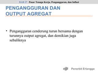 BAB 27 Pasar Tenaga Kerja, Pengangguran, dan Inflasi

PENGANGGURAN DAN
OUTPUT AGREGAT


• Pengangguran cenderung turun bersama dengan
  turunnya output agregat, dan demikian juga
  sebaliknya




                                                    Penerbit Erlangga
 