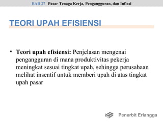 BAB 27 Pasar Tenaga Kerja, Pengangguran, dan Inflasi




TEORI UPAH EFISIENSI


• Teori upah efisiensi: Penjelasan mengenai
  pengangguran di mana produktivitas pekerja
  meningkat sesuai tingkat upah, sehingga perusahaan
  melihat insentif untuk memberi upah di atas tingkat
  upah pasar




                                                     Penerbit Erlangga
 