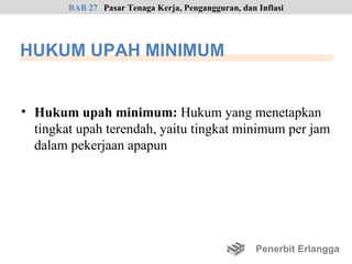 BAB 27 Pasar Tenaga Kerja, Pengangguran, dan Inflasi




HUKUM UPAH MINIMUM


• Hukum upah minimum: Hukum yang menetapkan
  tingkat upah terendah, yaitu tingkat minimum per jam
  dalam pekerjaan apapun




                                                     Penerbit Erlangga
 