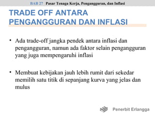 BAB 27 Pasar Tenaga Kerja, Pengangguran, dan Inflasi

TRADE OFF ANTARA
PENGANGGURAN DAN INFLASI

• Ada trade-off jangka pendek antara inflasi dan
  pengangguran, namun ada faktor selain pengangguran
  yang juga mempengaruhi inflasi

• Membuat kebijakan jauh lebih rumit dari sekedar
  memilih satu titik di sepanjang kurva yang jelas dan
  mulus


                                                     Penerbit Erlangga
 