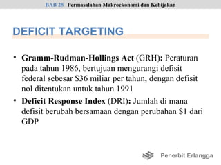 BAB 28 Permasalahan Makroekonomi dan Kebijakan




DEFICIT TARGETING

• Gramm-Rudman-Hollings Act (GRH): Peraturan
  pada tahun 1986, bertujuan mengurangi defisit
  federal sebesar $36 miliar per tahun, dengan defisit
  nol ditentukan untuk tahun 1991
• Deficit Response Index (DRI): Jumlah di mana
  defisit berubah bersamaan dengan perubahan $1 dari
  GDP


                                                 Penerbit Erlangga
 