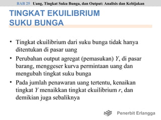 BAB 25 Uang, Tingkat Suku Bunga, dan Output: Analisis dan Kebijakan

TINGKAT EKUILIBRIUM
SUKU BUNGA

• Tingkat ekuilibrium dari suku bunga tidak hanya
  ditentukan di pasar uang
• Perubahan output agregat (pemasukan) Y, di pasar
  barang, menggeser kurva permintaan uang dan
  mengubah tingkat suku bunga
• Pada jumlah penawaran uang tertentu, kenaikan
  tingkat Y menaikkan tingkat ekuilibrium r, dan
  demikian juga sebaliknya

                                                      Penerbit Erlangga
 