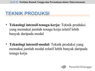 BAB 30 Perilaku Rumah Tangga dan Perusahaan dalam Makroekonomi




TEKNIK PRODUKSI

• Teknologi intensif-tenaga-kerja: Teknik produksi
  yang memakai jumlah tenaga kerja relatif lebih
  banyak daripada modal

• Teknologi intensif-modal: Teknik produksi yang
  memakai jumlah modal relatif lebih banyak daripada
  tenaga kerja


                                                  Penerbit Erlangga
 