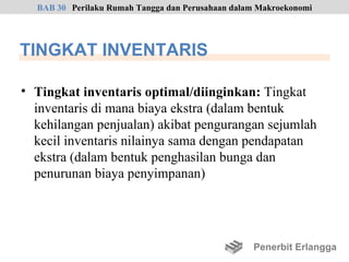 BAB 30 Perilaku Rumah Tangga dan Perusahaan dalam Makroekonomi




TINGKAT INVENTARIS

• Tingkat inventaris optimal/diinginkan: Tingkat
  inventaris di mana biaya ekstra (dalam bentuk
  kehilangan penjualan) akibat pengurangan sejumlah
  kecil inventaris nilainya sama dengan pendapatan
  ekstra (dalam bentuk penghasilan bunga dan
  penurunan biaya penyimpanan)




                                                  Penerbit Erlangga
 