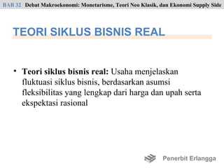 BAB 32 Debat Makroekonomi: Monetarisme, Teori Neo Klasik, dan Ekonomi Supply Side




   TEORI SIKLUS BISNIS REAL


    • Teori siklus bisnis real: Usaha menjelaskan
      fluktuasi siklus bisnis, berdasarkan asumsi
      fleksibilitas yang lengkap dari harga dan upah serta
      ekspektasi rasional




                                                           Penerbit Erlangga
 