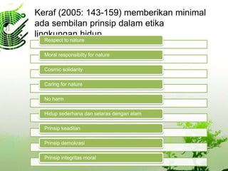 Keraf (2005: 143-159) memberikan minimal
ada sembilan prinsip dalam etika
lingkungan hidup
Respect to nature
Moral responsibilty for nature
Cosmic solidarity
Caring for nature
No harm
Hidup sederhana dan selaras dengan alam
Prinsip keadilan
Prinsip demokrasi
Prinsip integritas moral
 