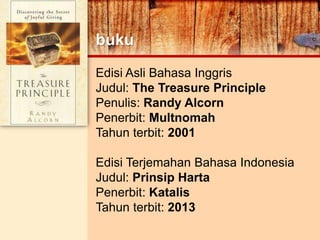 buku
Edisi Asli Bahasa Inggris
Judul: The Treasure Principle
Penulis: Randy Alcorn
Penerbit: Multnomah
Tahun terbit: 2001
Edisi Terjemahan Bahasa Indonesia
Judul: Prinsip Harta
Penerbit: Katalis
Tahun terbit: 2013
 
