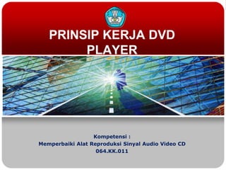 PRINSIP KERJA DVD
PLAYER
Kompetensi :
Memperbaiki Alat Reproduksi Sinyal Audio Video CD
064.KK.011
 