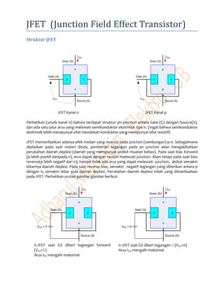 JFET (Junction Field Effect Transistor)
Struktur JFET
n
n
p p
Drain (D)
Gate (G)
Source (S)
IDS
VGS
JFET Kanal n
p
p
n n
Drain (D)
Gate (G)
Source (S)
-IDS
VGS
JFET Kanal p
Perhatikan (unutk kanal n) bahwa terdapat struktur pn junction antara Gate (G) dengan Source(S),
dan ada satu jalur arus yang melewati semikonduktor ekstrinsik tipe n. (Ingat bahwa semikonduktor
ekstrinsik lebih mempunyai sifat mendekati konduktor yang mempunyai sifat resistif)
JFET memanfaatkan adanya efek medan yang muncul pada junction (sambungan) p-n. Sebagaimana
dijelaskan pada saat materi dioda, pemberian tegangan pada pn junction akan mengakibatkan
perubahan daerah deplesi (daerah yang mempunyai sedikit muatan bebas). Pada saat bias forward
(p lebih positif daripada n), arus dapat dengan mudah melewati junction. Akan tetapi pada saat bias
reverse(p lebih negatif dari n), hampir tidak ada arus yang dapat melewati junction, akibat semakin
lebarnya daerah deplesi. Pada saat reverse bias, semakin negatif tegangan yang diberikan antara p
dengan n, semakin lebar pula daerah deplesi. Perubahan daerah deplesi inilah yang dimanfaatkan
pada JFET. Perhatikan urutan gambar-gambar berikut:
n
n
p p
Drain (D)
Gate (G)
Source (S)
IDS
VGS > 0
n-JFET saat GS diberi tegangan forward
(VGS>0)
Arus IDS mengalir maksimal
n
n
p p
Drain (D)
Gate (G)
Source (S)
IDS
VGS = 0
n-JFET saat GS diberi tegangan 0 (VGS=0)
Arus IDS mengalir maksimal
 