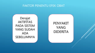 FAKTOR PENENTU EFEK OBAT
Derajat
AKTIFITAS
PADA SISTEM
YANG SUDAH
ADA
SEBELUMNYA
PENYAKIT
YANG
DIDERITA
 