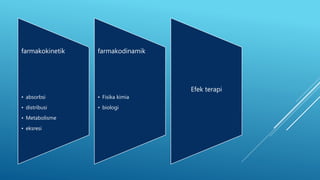 farmakokinetik
• absorbsi
• distribusi
• Metabolisme
• eksresi
farmakodinamik
• Fisika kimia
• biologi
Efek terapi
 
