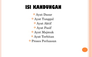 ISI KANDUNGAN
 Ayat Dasar
 Ayat Tunggal
 Ayat Aktif
 Ayat Pasif
 Ayat Majmuk
 Ayat Terbitan
 Proses Perluasan
 