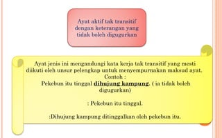 Ayat aktif tak transitif
dengan keterangan yang
tidak boleh digugurkan
Ayat jenis ini mengandungi kata kerja tak transitif yang mesti
diikuti oleh unsur pelengkap untuk menyempurnakan maksud ayat.
Contoh :
Pekebun itu tinggal dihujung kampung. ( ia tidak boleh
digugurkan)
: Pekebun itu tinggal.
:Dihujung kampung ditinggalkan oleh pekebun itu.
 