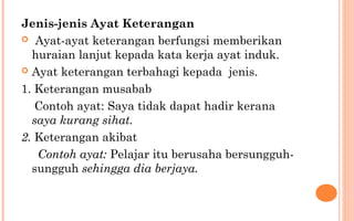 Jenis-jenis Ayat Keterangan
 Ayat-ayat keterangan berfungsi memberikan
huraian lanjut kepada kata kerja ayat induk.
 Ayat keterangan terbahagi kepada jenis.
1. Keterangan musabab
Contoh ayat: Saya tidak dapat hadir kerana
saya kurang sihat.
2. Keterangan akibat
Contoh ayat: Pelajar itu berusaha bersungguh-
sungguh sehingga dia berjaya.
 