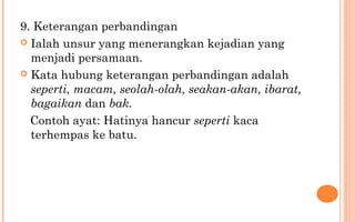 9. Keterangan perbandingan
 Ialah unsur yang menerangkan kejadian yang
menjadi persamaan.
 Kata hubung keterangan perbandingan adalah
seperti, macam, seolah-olah, seakan-akan, ibarat,
bagaikan dan bak.
Contoh ayat: Hatinya hancur seperti kaca
terhempas ke batu.
 