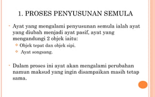 1. PROSES PENYUSUNAN SEMULA
• Ayat yang mengalami penyusunan semula ialah ayat
yang diubah menjadi ayat pasif, ayat yang
mengandungi 2 objek iaitu:
 Objek tepat dan objek sipi.
 Ayat songsang.
• Dalam proses ini ayat akan mengalami perubahan
namun maksud yang ingin disampaikan masih tetap
sama.
 