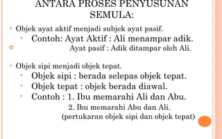 ANTARA PROSES PENYUSUNAN
SEMULA:
 Objek ayat aktif menjadi subjek ayat pasif.
• Contoh: Ayat Aktif : Ali menampar adik.
 Ayat pasif : Adik ditampar oleh Ali.
 Objek sipi menjadi objek tepat.
• Objek sipi : berada selepas objek tepat.
• Objek tepat : objek berada diawal.
• Contoh : 1. Ibu memarahi Ali dan Abu.
2. Ibu memarahi Abu dan Ali.
(pertukaran objek sipi dan objek tepat)
 