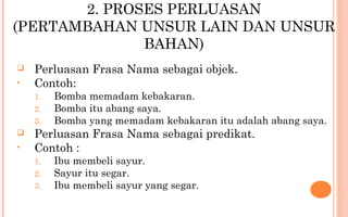 2. PROSES PERLUASAN
(PERTAMBAHAN UNSUR LAIN DAN UNSUR
BAHAN)
 Perluasan Frasa Nama sebagai objek.
• Contoh:
1. Bomba memadam kebakaran.
2. Bomba itu abang saya.
3. Bomba yang memadam kebakaran itu adalah abang saya.
 Perluasan Frasa Nama sebagai predikat.
• Contoh :
1. Ibu membeli sayur.
2. Sayur itu segar.
3. Ibu membeli sayur yang segar.
 