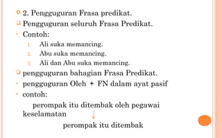  2. Pengguguran Frasa predikat.
 Pengguguran seluruh Frasa Predikat.
• Contoh:
1. Ali suka memancing.
2. Abu suka memancing.
3. Ali dan Abu suka memancing.
 pengguguran bahagian Frasa Predikat.
• pengguguran Oleh ＋ FN dalam ayat pasif
• contoh:
perompak itu ditembak oleh pegawai
keselamatan
perompak itu ditembak
 