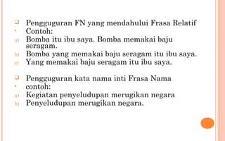  Pengguguran FN yang mendahului Frasa Relatif
• Contoh:
a) Bomba itu ibu saya. Bomba memakai baju
seragam.
b) Bomba yang memakai baju seragam itu ibu saya.
c) Yang memakai baju seragam itu ibu saya.
 Pengguguran kata nama inti Frasa Nama
• contoh:
a) Kegiatan penyeludupan merugikan negara
b) Penyeludupan merugikan negara.
 
