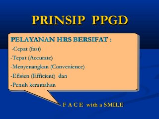 PRINSIP PPGDPRINSIP PPGD
F A C E with a SMILEF A C E with a SMILE
PELAYANAN HRS BERSIFAT :PELAYANAN HRS BERSIFAT :
-Cepat (fast)-Cepat (fast)
-Tepat (Accurate)-Tepat (Accurate)
-Menyenangkan (Convenience)-Menyenangkan (Convenience)
-Efisien (Efficient) dan-Efisien (Efficient) dan
-Penuh keramahan-Penuh keramahan
PELAYANAN HRS BERSIFAT :PELAYANAN HRS BERSIFAT :
-Cepat (fast)-Cepat (fast)
-Tepat (Accurate)-Tepat (Accurate)
-Menyenangkan (Convenience)-Menyenangkan (Convenience)
-Efisien (Efficient) dan-Efisien (Efficient) dan
-Penuh keramahan-Penuh keramahan
 