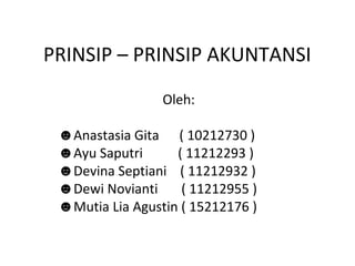PRINSIP – PRINSIP AKUNTANSI
Oleh:
☻Anastasia Gita ( 10212730 )
☻Ayu Saputri
( 11212293 )
☻Devina Septiani ( 11212932 )
☻Dewi Novianti
( 11212955 )
☻Mutia Lia Agustin ( 15212176 )

 