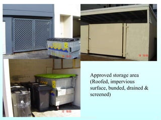 Approved storage area (Roofed, impervious surface, bunded, drained & screened)  