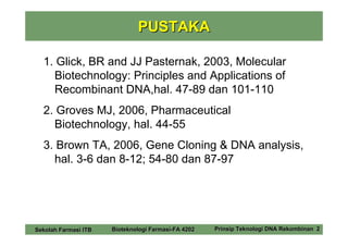 PUSTAKA

  1. Glick, BR and JJ Pasternak, 2003, Molecular
    Biotechnology: Principles and Applications of
    Recombinant DNA,hal. 47-89 dan 101-110
  2. Groves MJ, 2006, Pharmaceutical
    Biotechnology, hal. 44-55
  3. Brown TA, 2006, Gene Cloning & DNA analysis,
    hal. 3-6 dan 8-12; 54-80 dan 87-97




Sekolah Farmasi ITB   Bioteknologi Farmasi-FA 4202   Prinsip Teknologi DNA Rekombinan 2
 