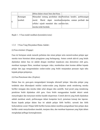 dibina dalam situasi baru dan biasa
V
Renungan
kembali
Menyedari tentang perubahan idea
murid. Murid dapat membuat
refleksi sejauh manakah idea asal
mereka telah berubah.
Penulisan kendiri, perbincangan
kumpulan, catatan peribadi dan
lain-lain.
Rajah 1 : 5 Fasa model needham (konstuktisvisme)
1.3.2 5 Fasa Yang Dinyatakan Diatas Adalah :
(i) Fasa orientasi: (Engage)
Fasa ini bertujuan untuk menarik perhatian dan minat pelajar serta memotivasikan pelajar agar
mereka terus berminat dalam pengajaran yang berlangsung. Antara contoh aktiviti yang boleh
dijalankan dalam fasa ini adalah dengan membuat tunjukcara atau demontrasi oleh guru,
membuat tayangan filem, membuat tayangan video, memberikan alam keratan akhbar kepada
pelajar dan juga mengemukakan soalan-soalan yang boleh menjanakan perasaan ingin tahu
kepada pelajar-pelajarnya.
(ii) Fasa Pencetusan idea: (Explore)
Dalam fasa ini, guru-guru mengenalpasti kerangka alternatif pelajar. Idea-idea pelajar yang
terdahulu akan dikenalpasti melalui soalan-soalan yang diajukan untuk mendorong mereka
berfikir mengapa idea mereka tidak selari dengan idea saintifik. Soal jawab yang mendorong
pemikiran boleh dijalankan oleh guru. Guru boleh menggunakan kaedah inkuiri untuk
menyelongkar dan menyiasat melalui kaedah eksperimen. Contoh aktiviti yang boleh dijalankan
adalah membuat amali, perbincangan dalam kumpulan kecil, pemetaan konsep dan laporan.
Kesan kepada pelajar dalam fasa ini adalah pelajar lebih berfikir, seronok dan lebih
berkemahiran sosial. Pelajar lebih berfikir kerana dalam membina pengetahuan baru pelajar akan
berfikir untuk menyelesaikan masalah, menjana idea, dan membuat keputusan yang bijak dalam
menghadapi pelbagai kemungkinanan.
 